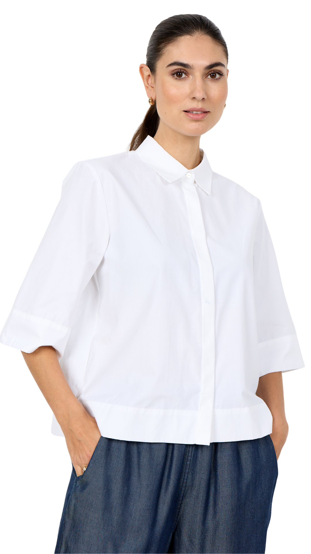 Concealed Button Up 1/2 Sleeve Cropped Top. Style SOYA41599