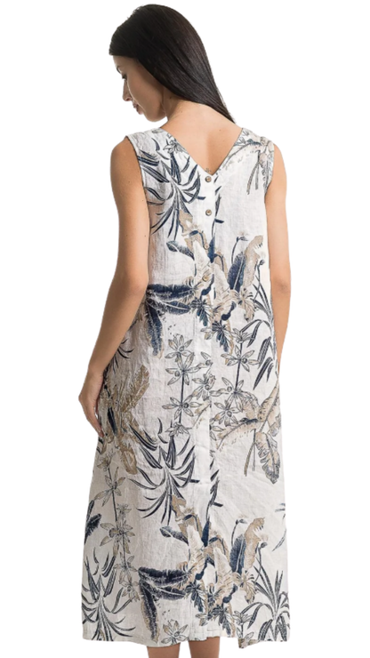 Faux Back Buttons Sleeveless Tropical Floral Print Dress. Style LLTP1673P