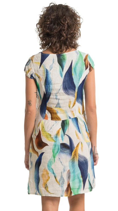 Boat Neck Cap Sleeve Abstract Print Straight Linen Dress. Style LLTP1756P