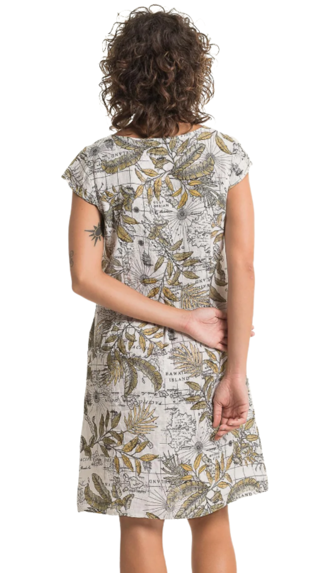 Boat Neck Cap Sleeve Tropical Map Print Straight Linen Dress. Style LLTP1773P