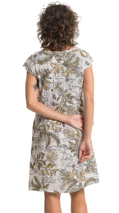 Boat Neck Cap Sleeve Tropical Map Print Straight Linen Dress. Style LLTP1773P