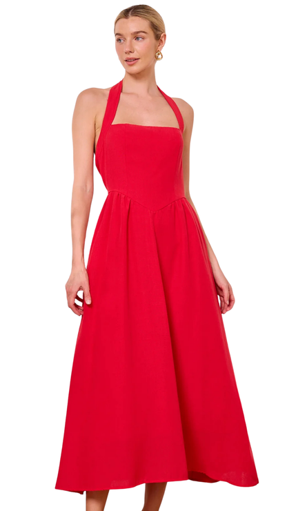 Maxi Drop-Waist Red Halterneck Dress. Style ANEM042478