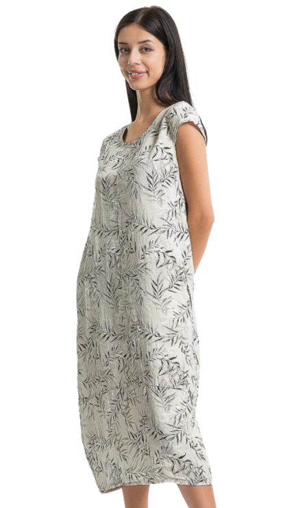 Cap Sleeve Leaf Print Maxi Length Linen Dress. Style LLTP1731P