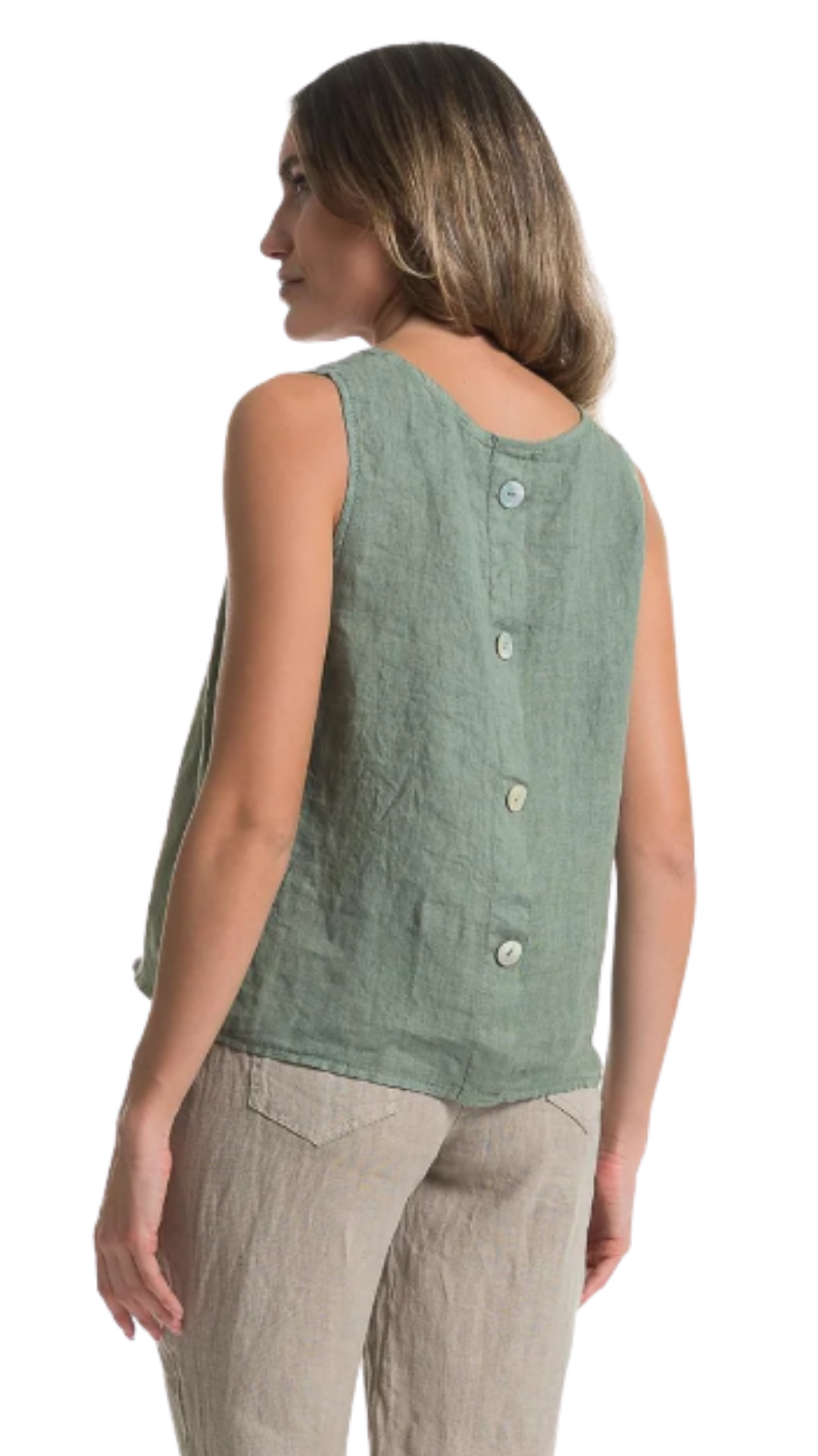 Sleeveless Faux Back Buttons Linen Top. Style LLTP1508