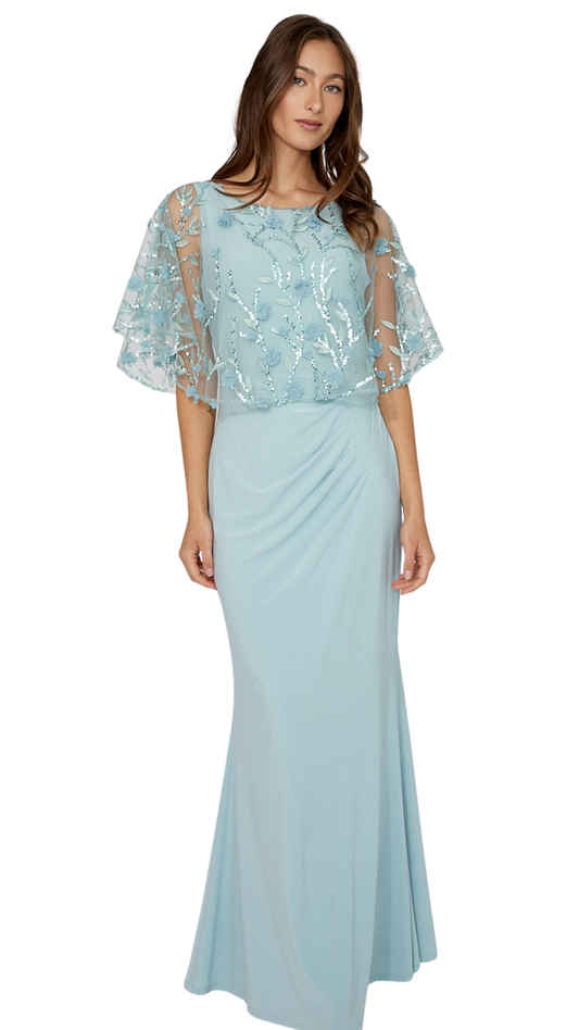 Mesh Sequin & Floral Details Cape Maxi Length Dress. Style FL268175