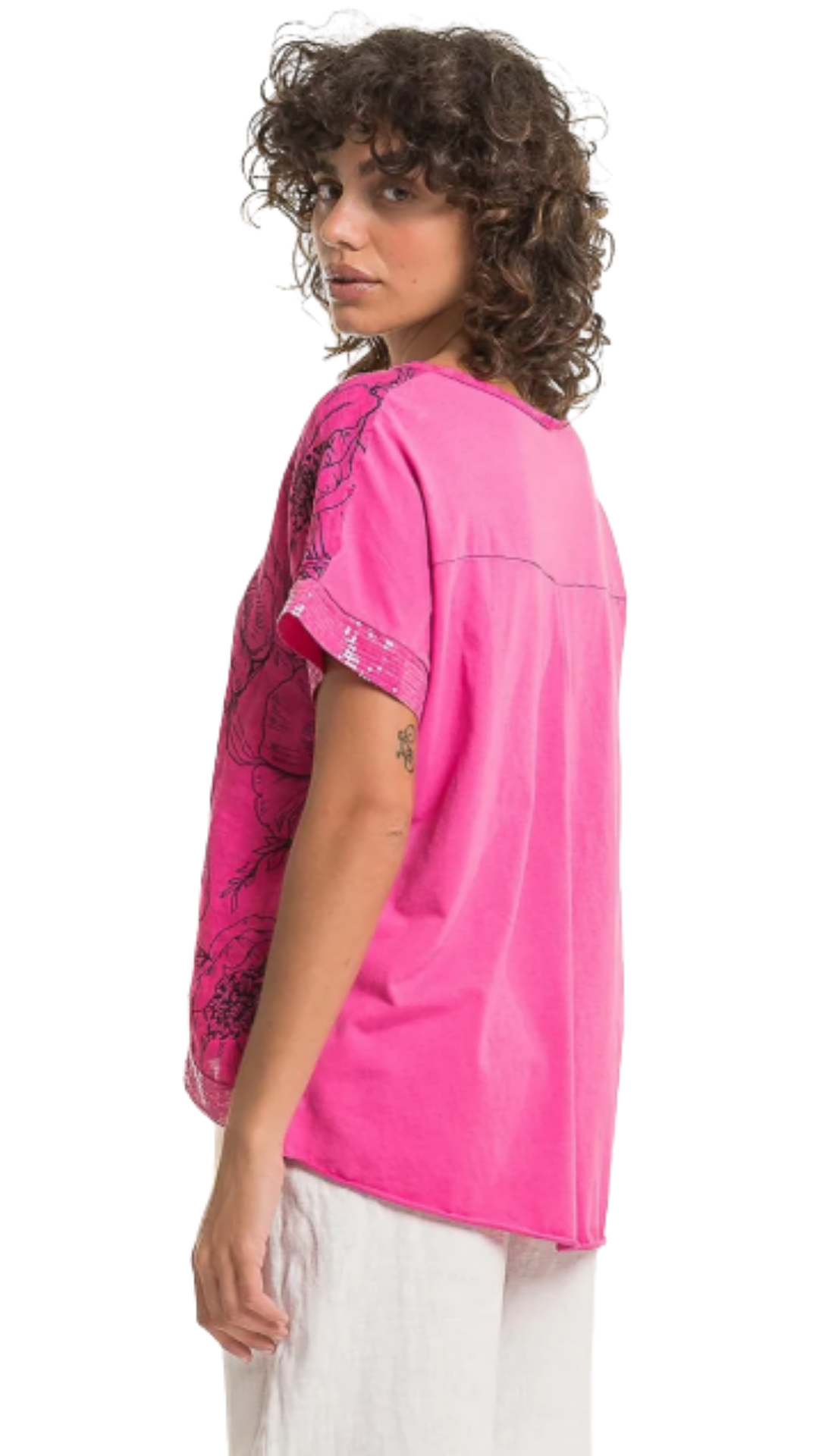 Drop Short Sleeve Sequin Trim Floral Print Top. Style LLTP1783P