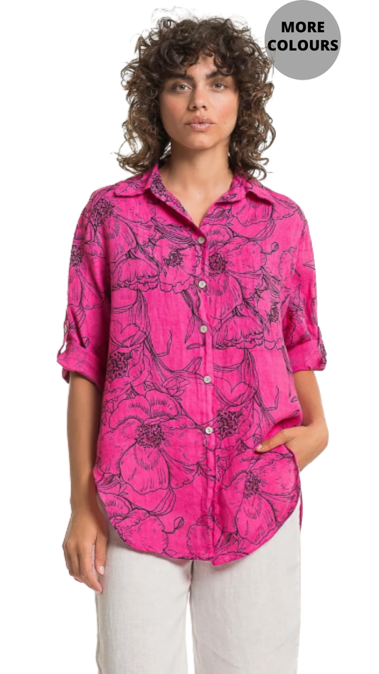 Collared Button Front Roll-Up Sleeve Floral Print Blouse. Style LLTP1782P