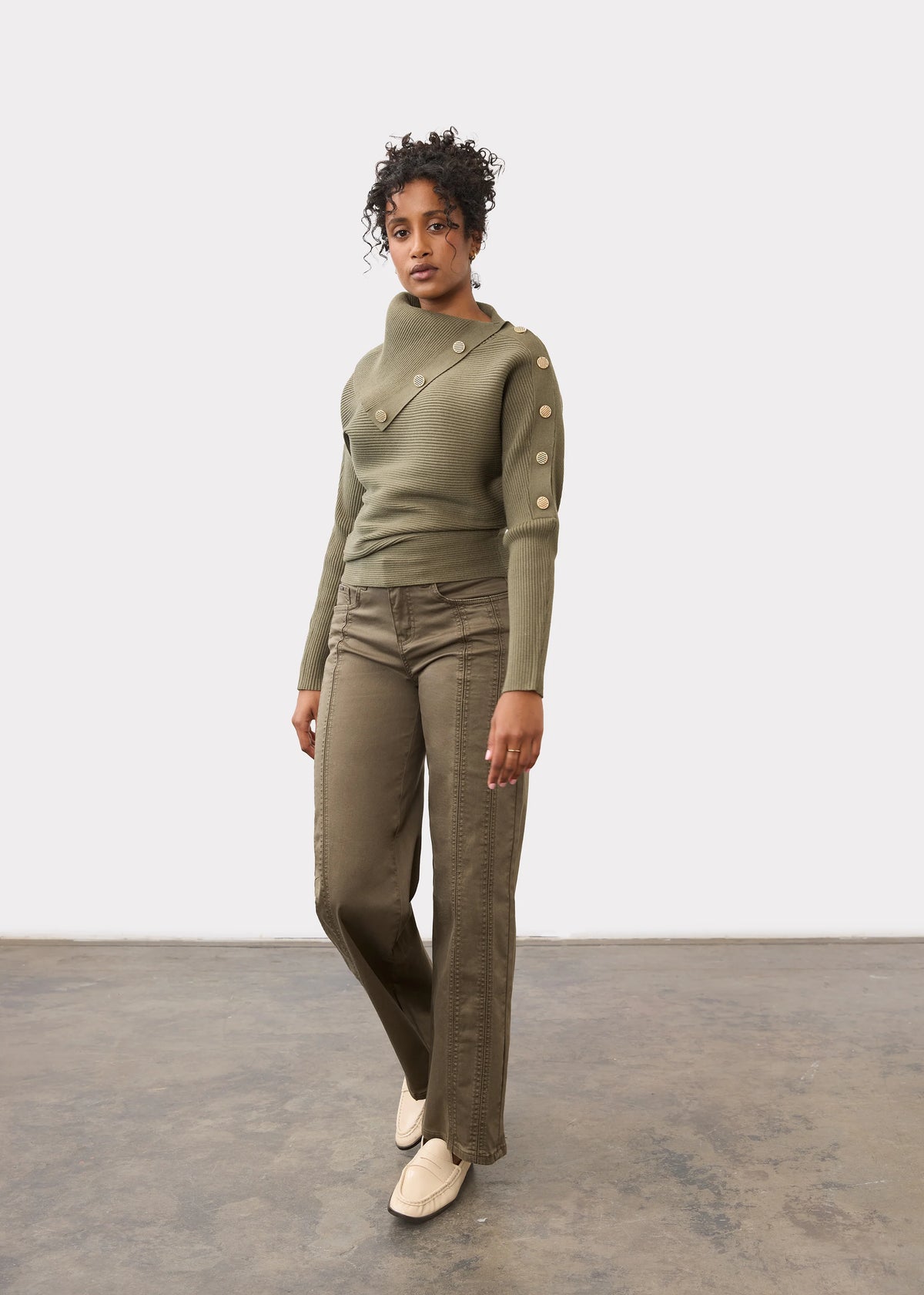 Envelope Collar Button Detail Ribbed Sweater. Style FD1051885