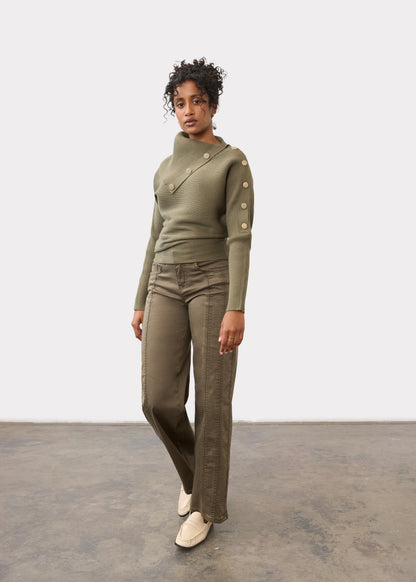 Envelope Collar Button Detail Ribbed Sweater. Style FD1051885