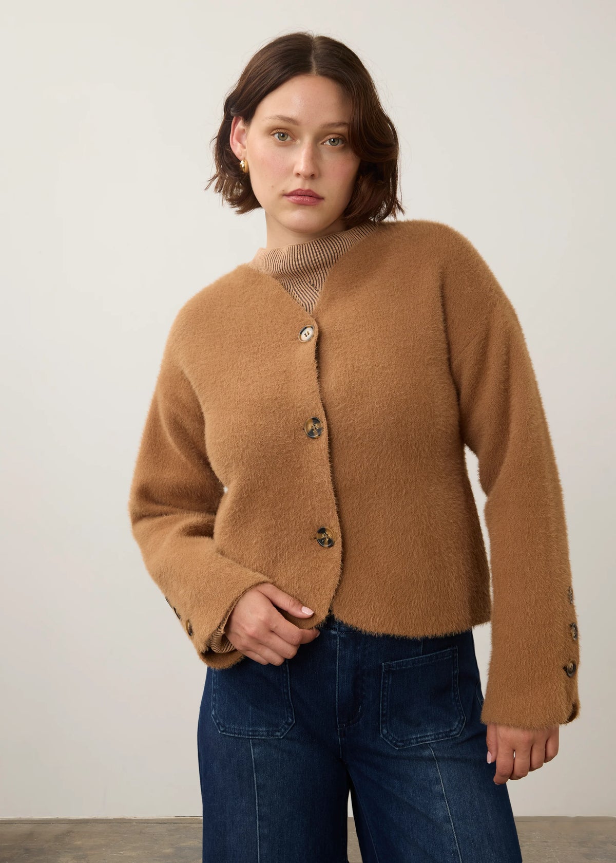 Collarless Fuzzy Knit Button Front Jacket. Style FD10047431