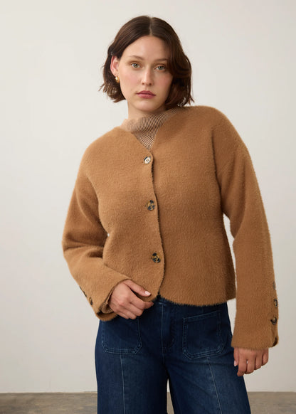 Collarless Fuzzy Knit Button Front Jacket. Style FD10047431