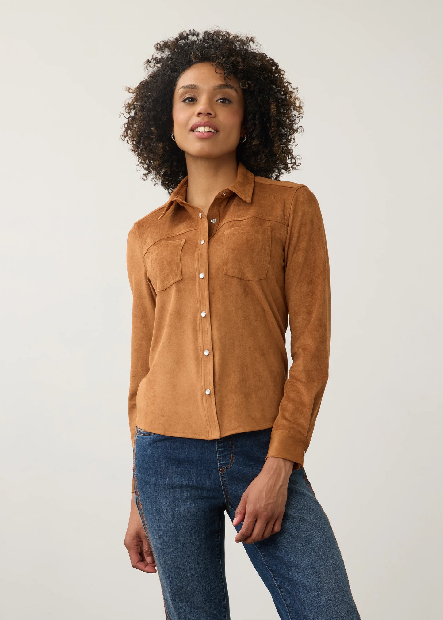 Long Sleeve Button Front Suede Top. Style FD7476196
