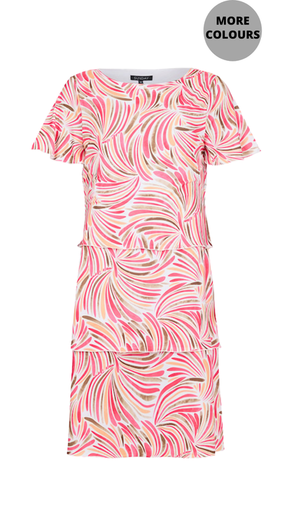 Layered Printed Boat Neck Short Flutter Sleeve Ruffle Dress. Style SUN6279