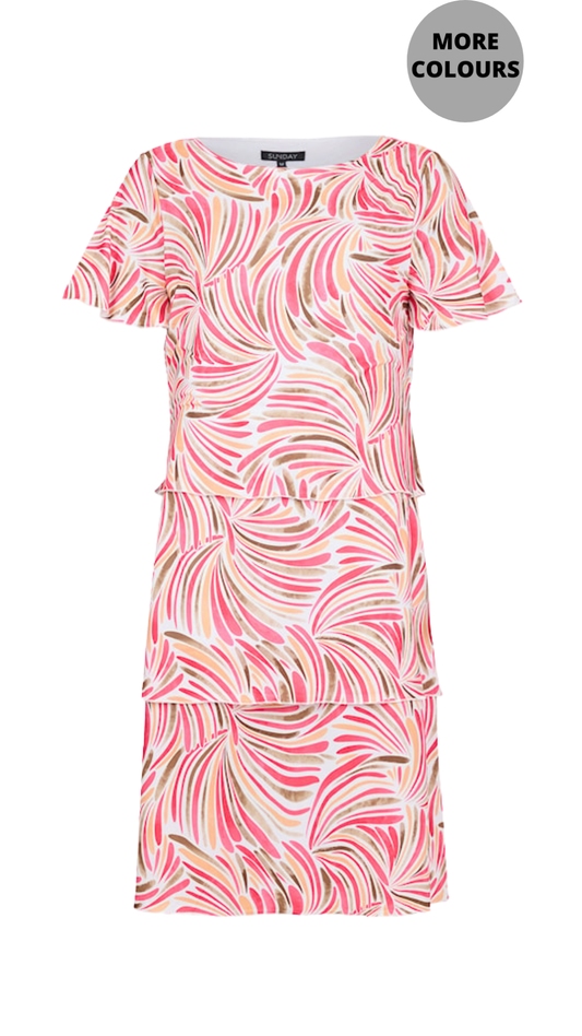 Layered Printed Boat Neck Short Flutter Sleeve Ruffle Dress. Style SUN6279