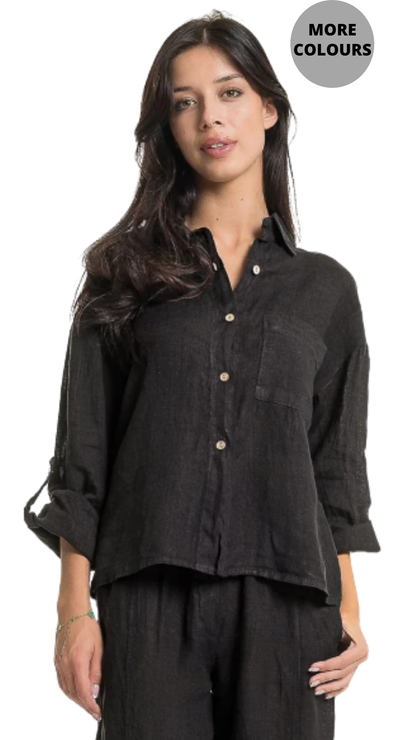 Roll-Up Sleeve Button Front Linen Top. Style LOTP1685