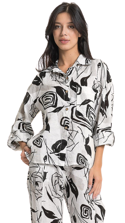 Roll-Up Sleeve Button Front Abstract Leaf Print Top. Style LOTP1685P-11