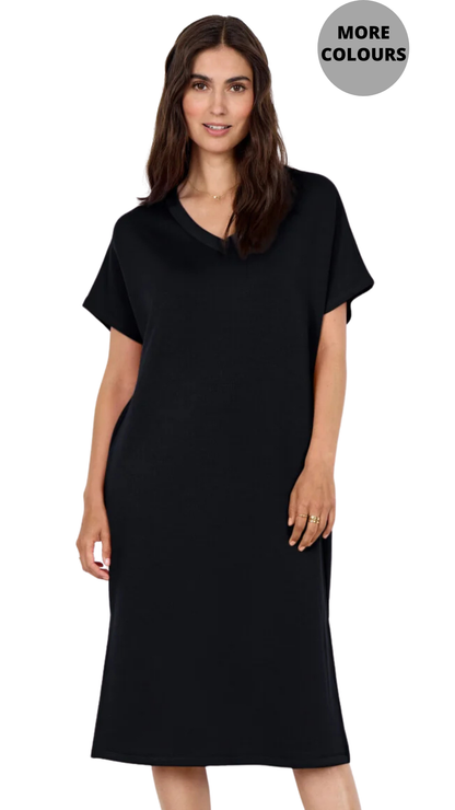 V-Neck Drop Shoulder Soft Stretch Fabric Midi Dress. Style SOYA27539