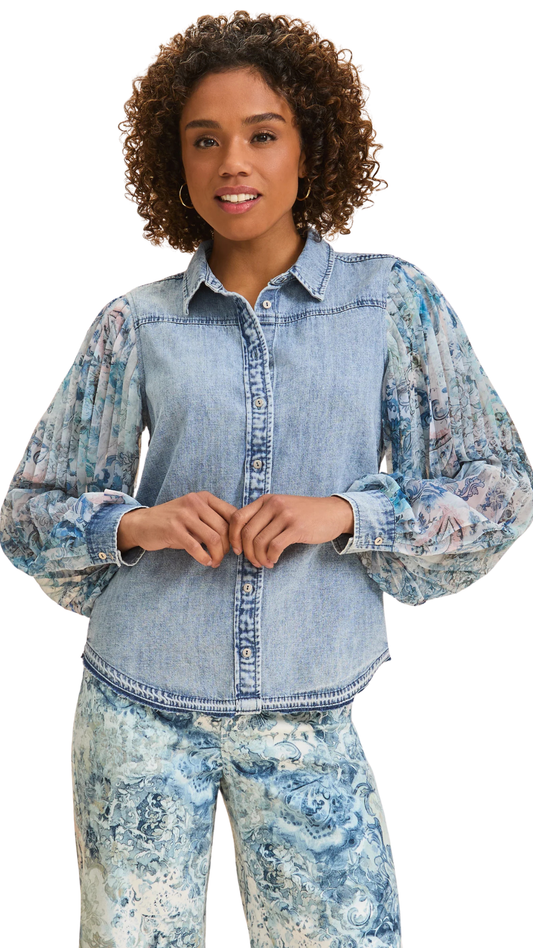 Pleated Bishop Sleeve Denim Button Front Top. Style FD7802992