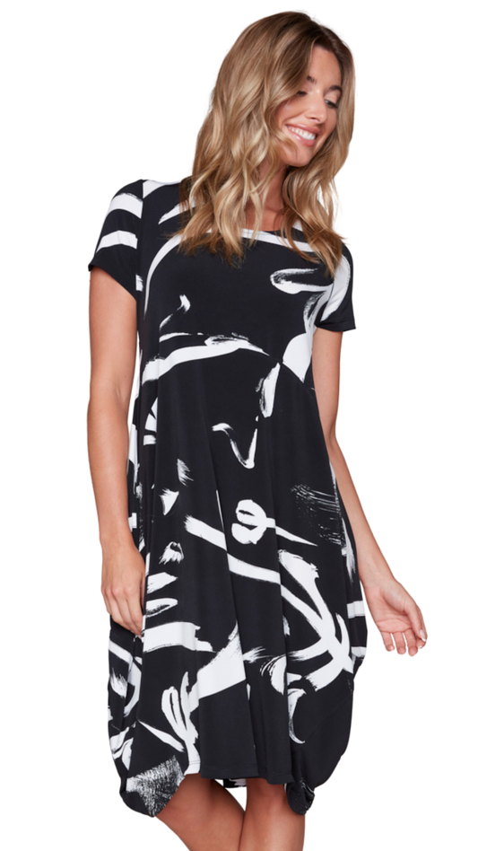 Abstract Print Cocoon Silhouette Midi Length Dress. Style CK36074