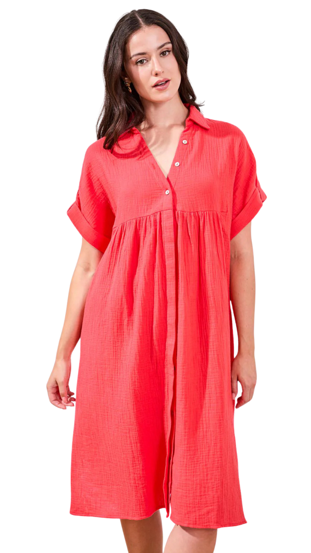 knee length dresses for ladies Crinkle Gauze Short Sleeve Empire Waist Midi Dress. Style TR6054O-4555 –  PackersFashion