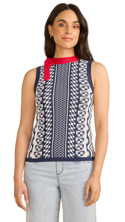 Sleeveless Red Tie Up Neck Detailing Jacquard Tank. Style FD1102403