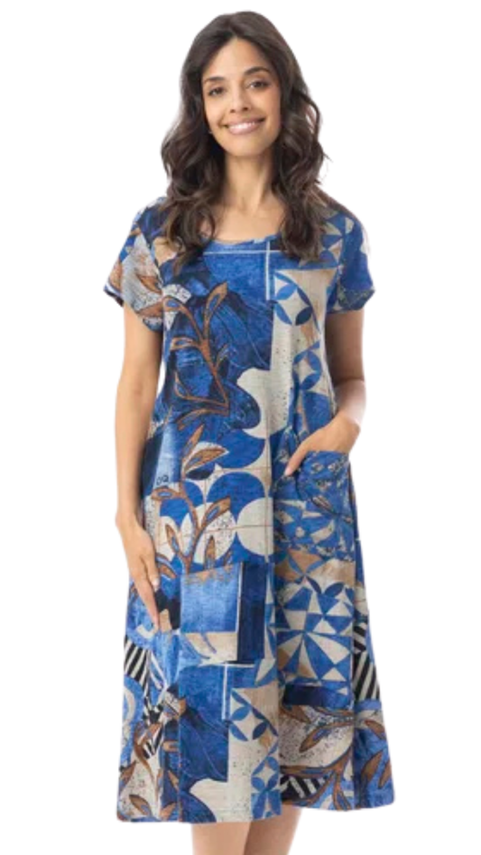 "Wyndham" Abstract Print Short Sleeve Stretch Dress. Style ORI20-147