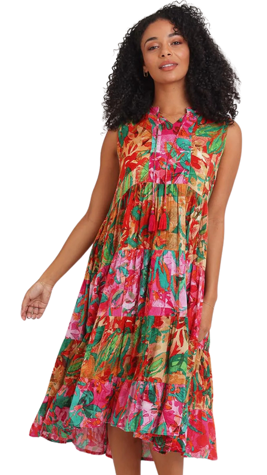 "Sao Paulo" Sleeveless Tiered Tassel Tie Dress. Style ORI30-217