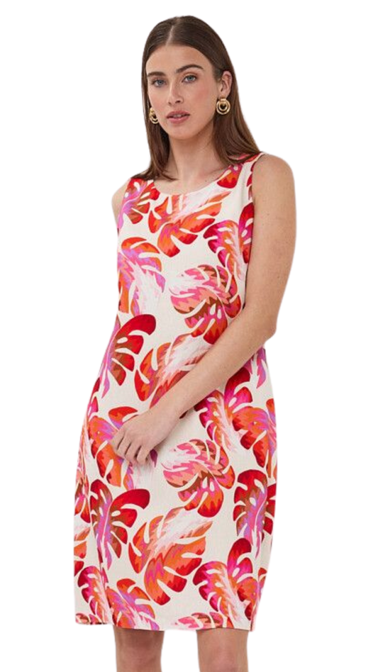 "Wonders" Sleeveless Back Zip Tropical Leaf Print Dress. Style ESQ2610206