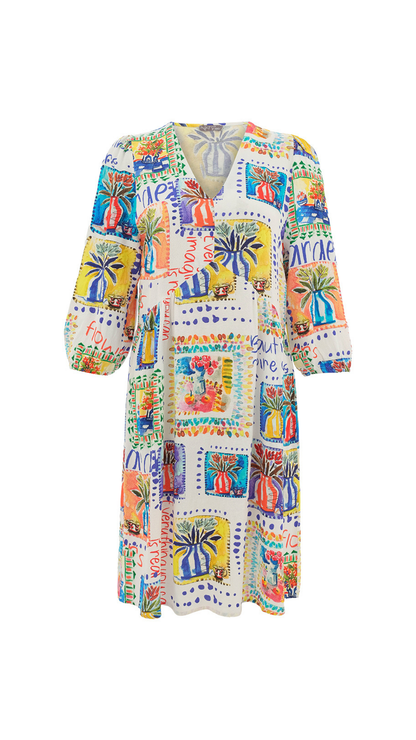 "My Handmade Garden" Artist Print Elastic Cuffs & V-Neck Dress. Style DOLC26626