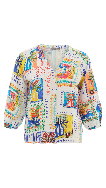 "My Handmade Garden" Artist Print Elastic Cuffs & Button Front Top. Style DOLC26624