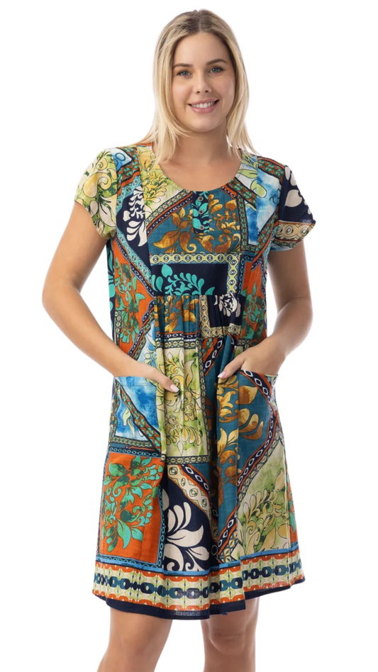 "Cabo Fria" Print Short Sleeve Cotton Dress. Style ORI40-207