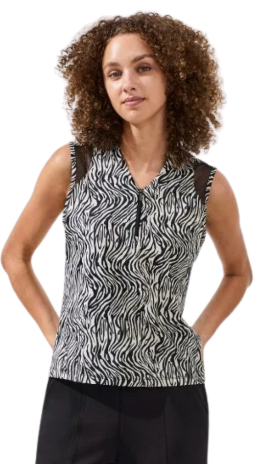 Zebra Sleeveless Zip Front Mesh Accent Top. Style TR3102O-8457