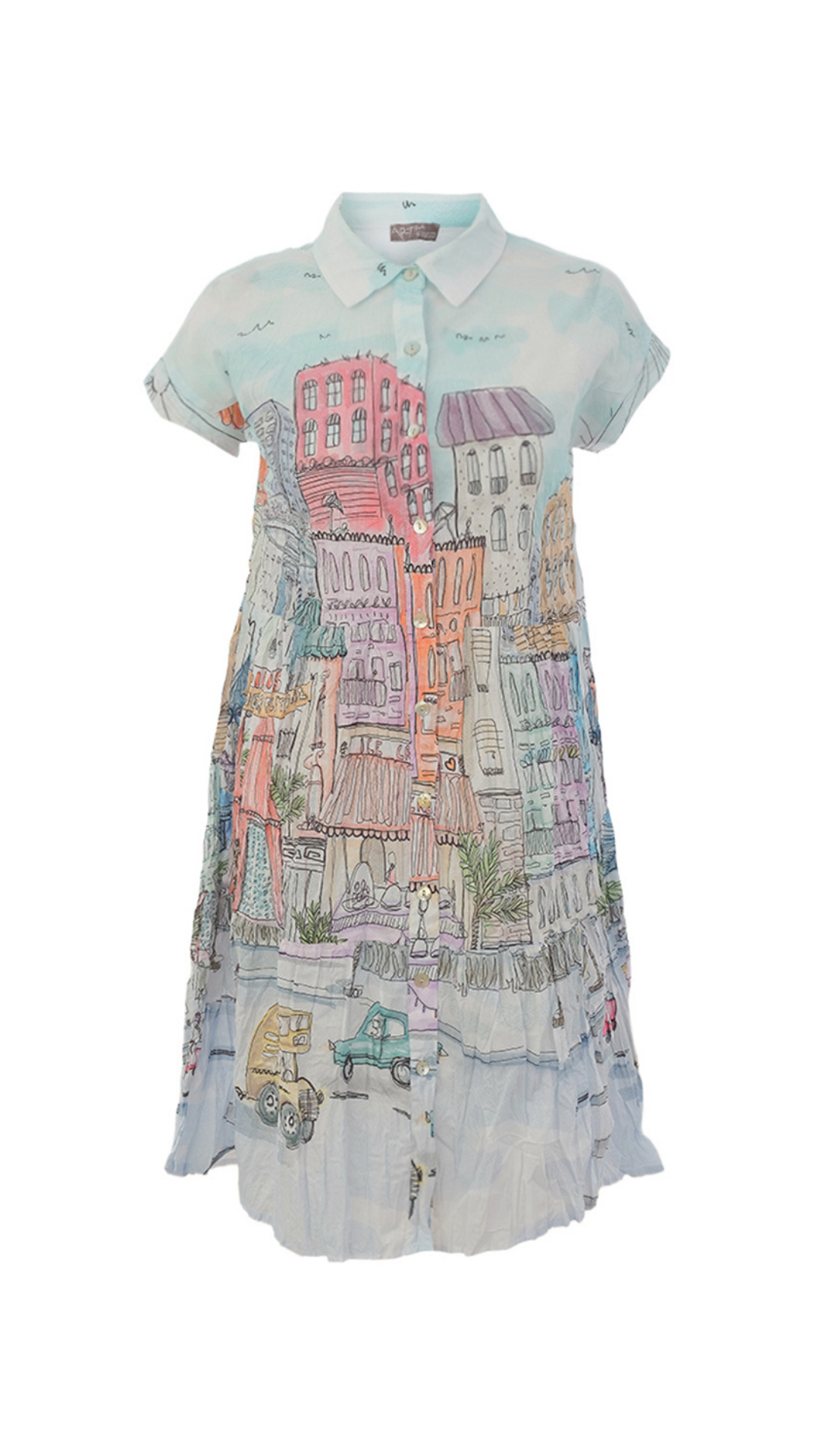 "City Circus" Artist Print Button Front Short Sleeve Dress. Style DOLC26763