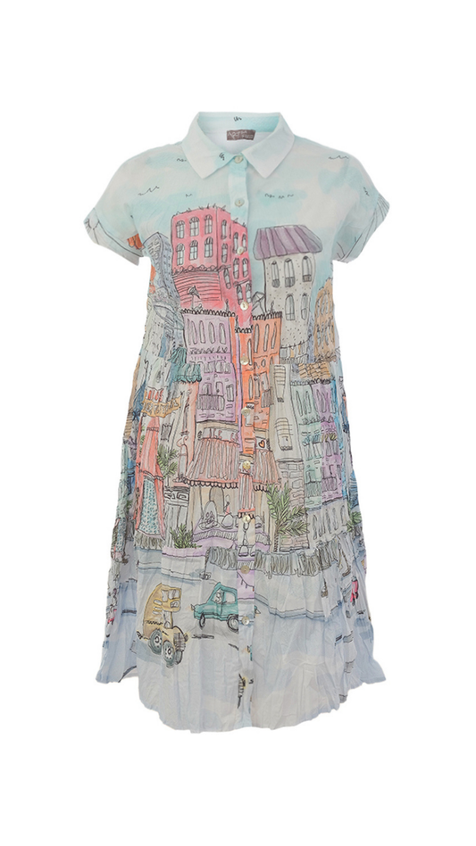 "City Circus" Artist Print Button Front Short Sleeve Dress. Style DOLC26763