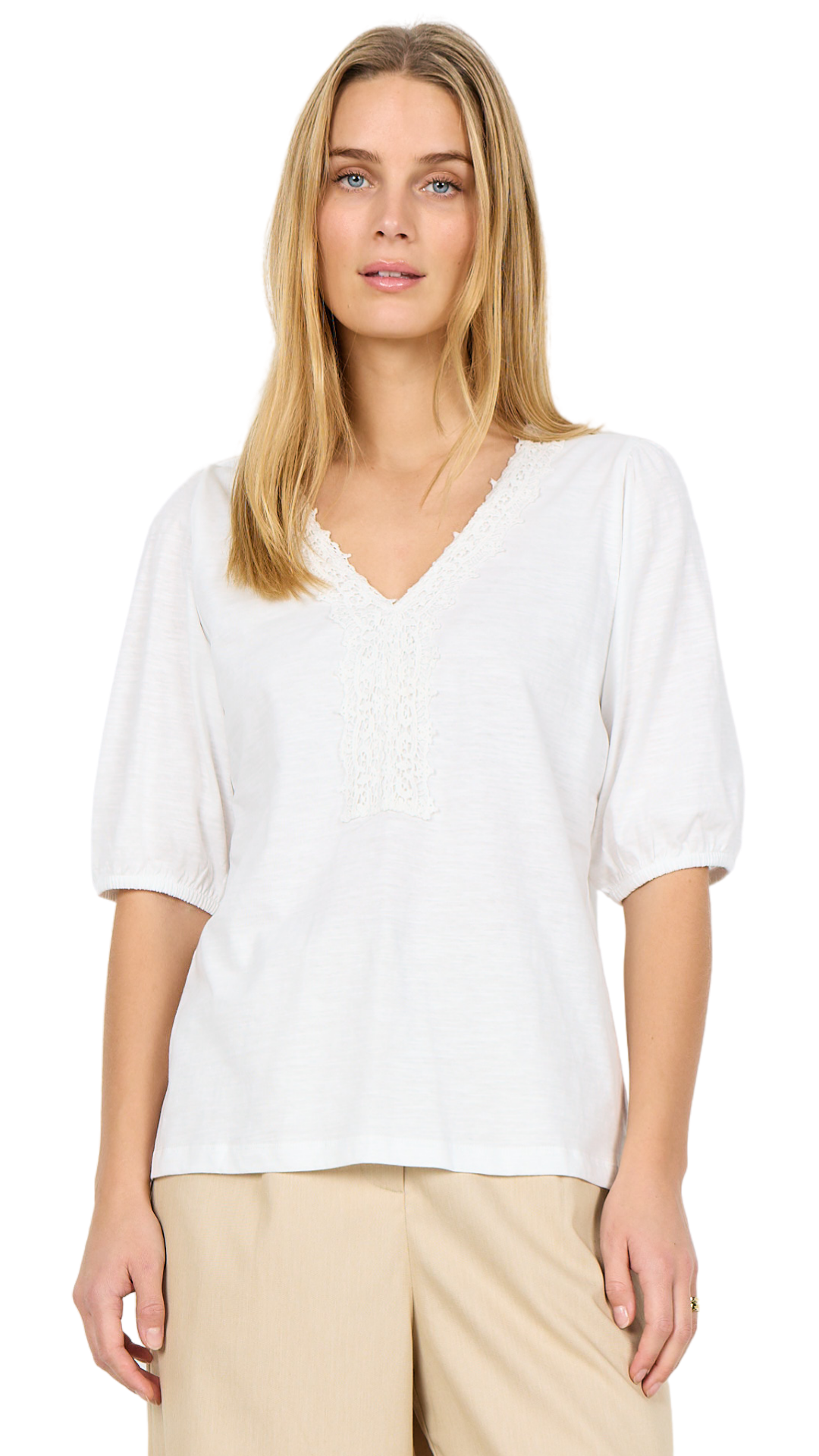 Crochet Trim V-Neck Short Sleeve Elastic Cuffs Top. Style SOYA27507