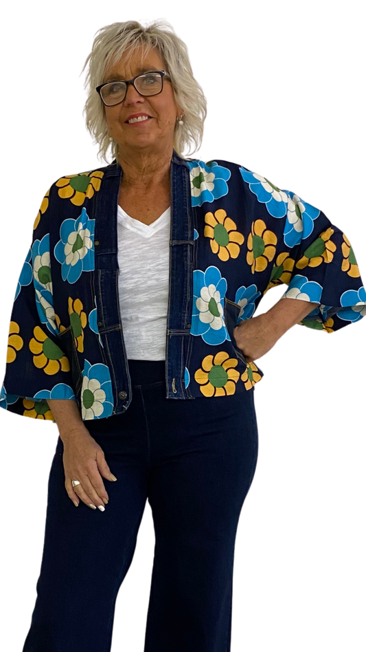 Flower Power Denim Trim Short Length Cardigan. Style SHNP5826