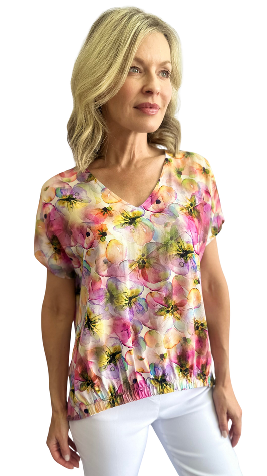 Elastic Front Hem Shirttail Floral Print Top. Style SW202544