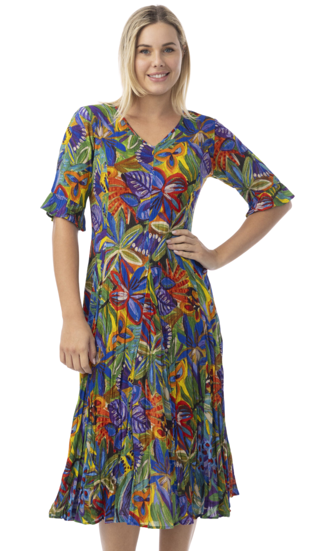 Fit & Flare Back Tie Short Sleeve Tropical Print Dress. Style ORI81-360