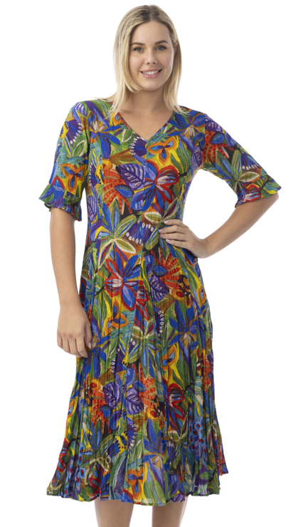 Fit & Flare Back Tie Short Sleeve Tropical Print Dress. Style ORI81-360
