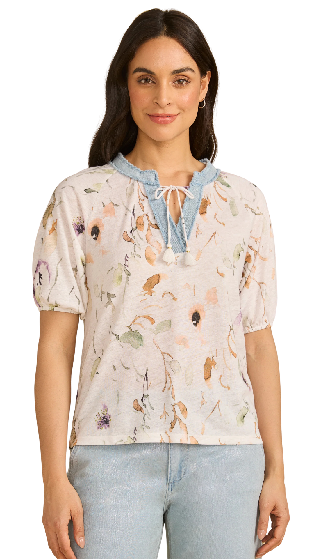 Tie Up Tassle Strings V-Neck Floral Top. Style FD3877788