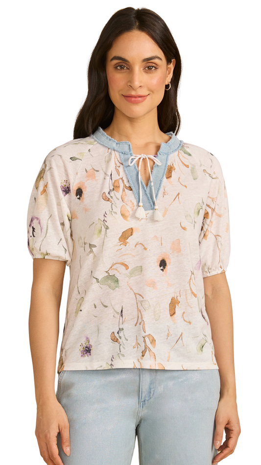 Tie Up Tassle Strings V-Neck Floral Top. Style FD3877788