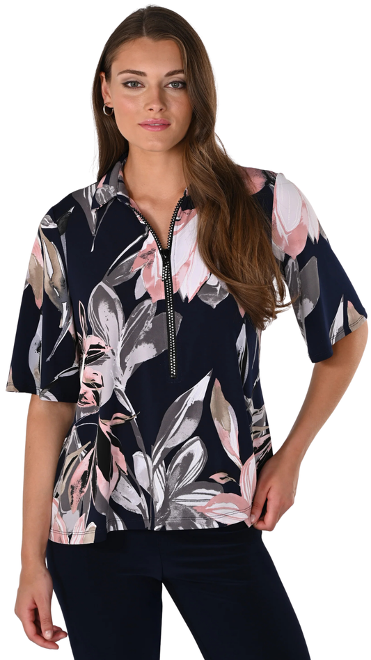 Floral Print 1/2 Sleeve Rhinestone Zipper Top. Style FL261136