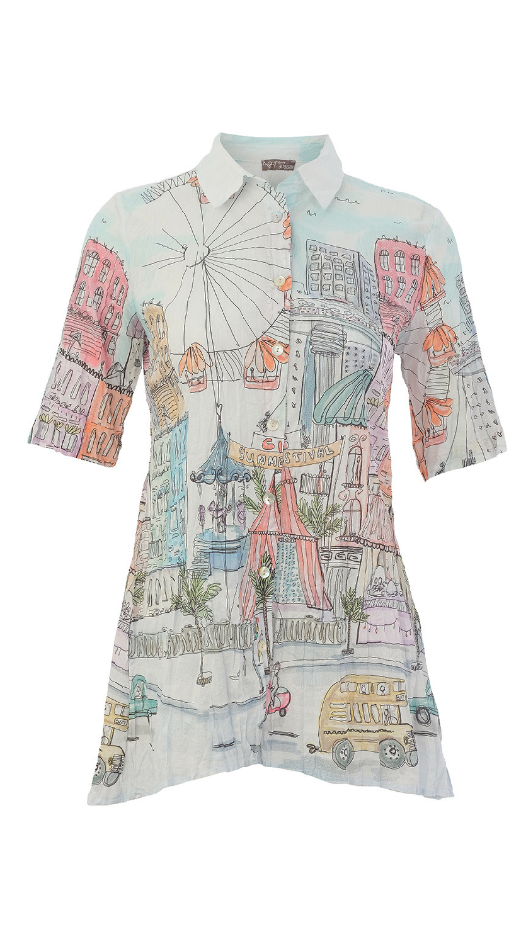 "City Circus" Artist Print Button Front Short Sleeve Blouse. Style DOLC26767