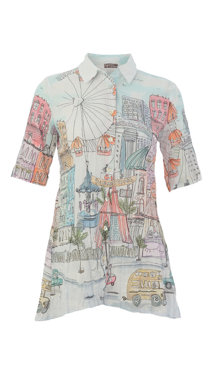 "City Circus" Artist Print Button Front Short Sleeve Blouse. Style DOLC26767