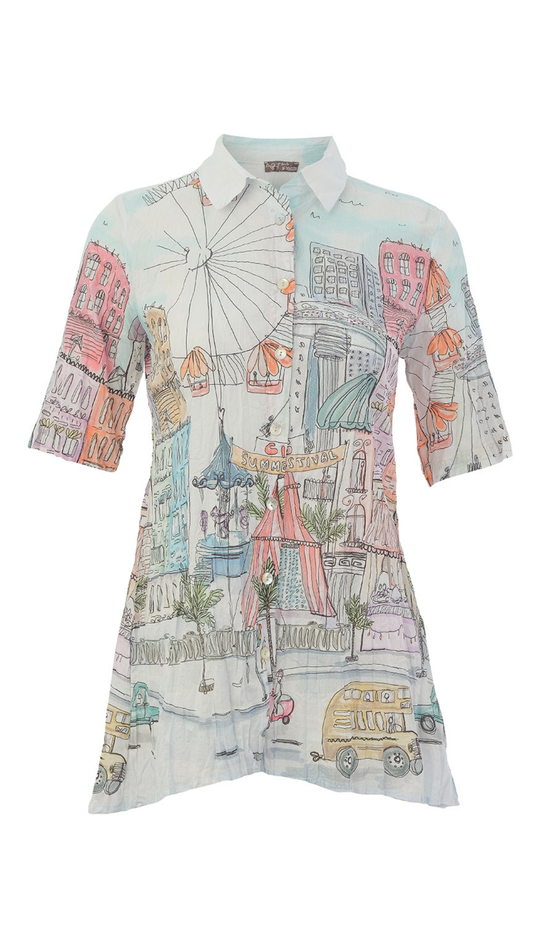 "City Circus" Artist Print Button Front Short Sleeve Blouse. Style DOLC26767