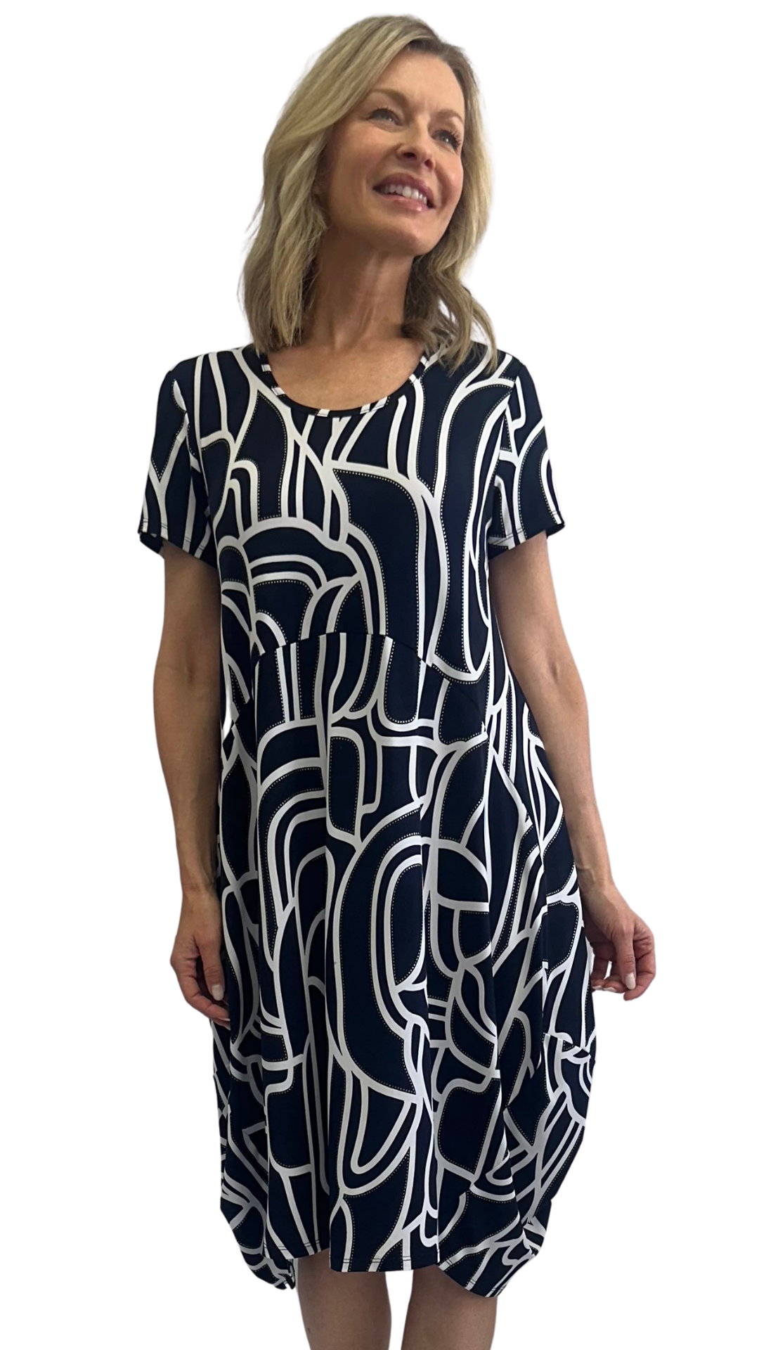 Abstract Print Cocoon Silhouette Short Sleeve Dress. Style SW207250
