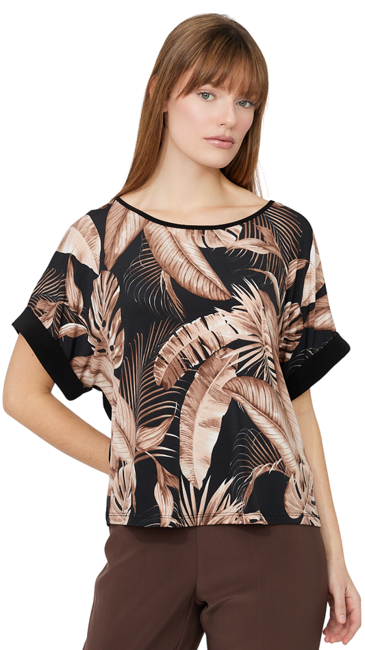 Short Sleeve Leaf Print & Black Back Top. Style FL261323