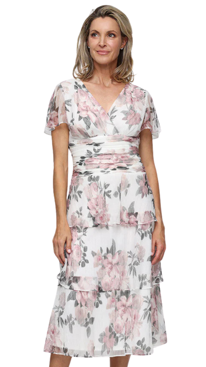 Floral Ruched Waist Flutter Sleeves Shimmer Dress. Style SL9155288