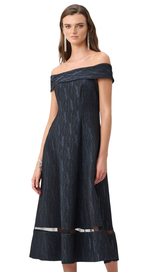 Signature Foil-Textured Jacquard Off-Shoulder Fit and Flare Dress. Style JR263742