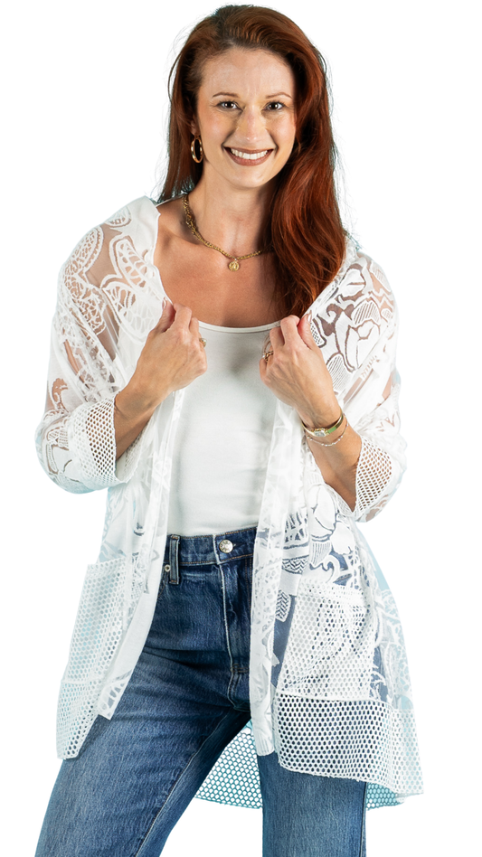 Lace & Design Honeycomb Mesh Details Open Front Cardigan. Style CAT126108